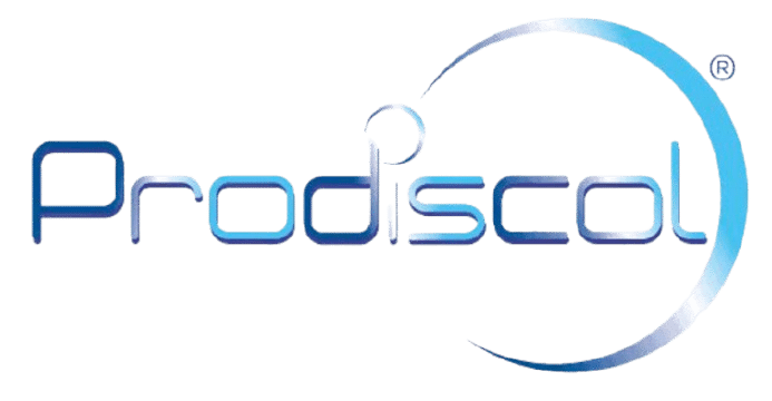 L'image montre le logo de Prodiscol en texte dégradé bleu avec un arc de cercle bleu partiel sur le côté droit.