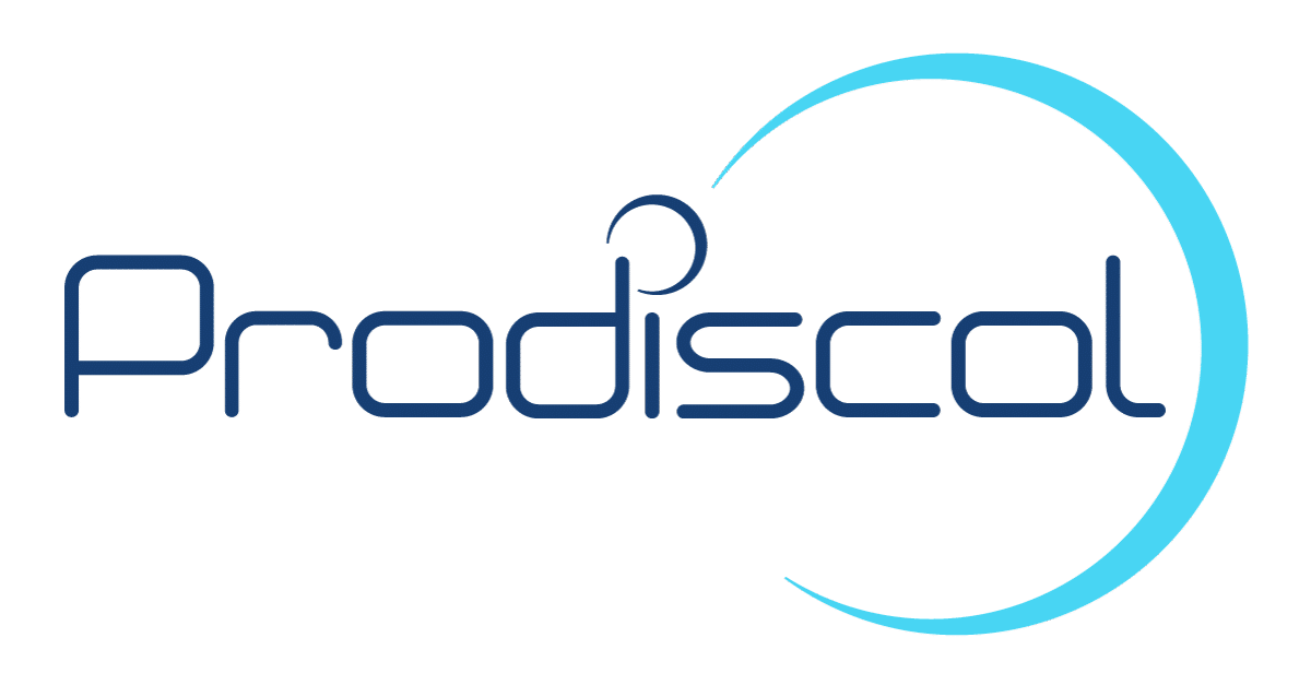 Le logo de Prodiscol présente le nom de la marque en texte arrondi bleu avec un croissant partiel bleu clair entourant la lettre "l" sur un fond blanc.