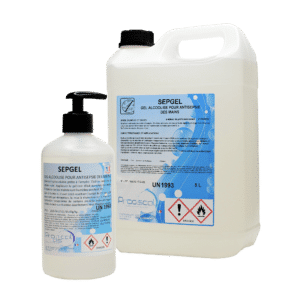 Deux contenants de gel désinfectant pour les mains SEPGEL, l'un avec un distributeur à pompe et l'autre avec un grand bidon de recharge, tous deux étiquetés avec des symboles de danger et des informations sur le produit en français.