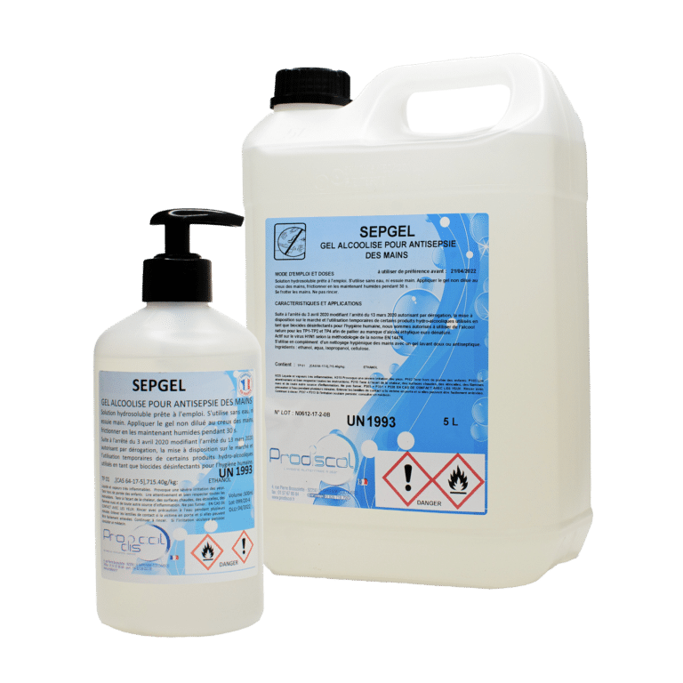 Deux contenants de gel désinfectant pour les mains SEPGEL, l'un avec un distributeur à pompe et l'autre avec un grand bidon de recharge, tous deux étiquetés avec des symboles de danger et des informations sur le produit en français.