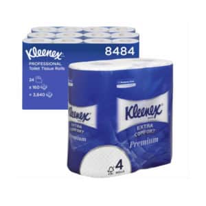 Papier toilette domestique 4 plis en emballage bleu est disponible en paquets de 24 ou 4 rouleaux, étiquetés "Extra Comfort Premium".