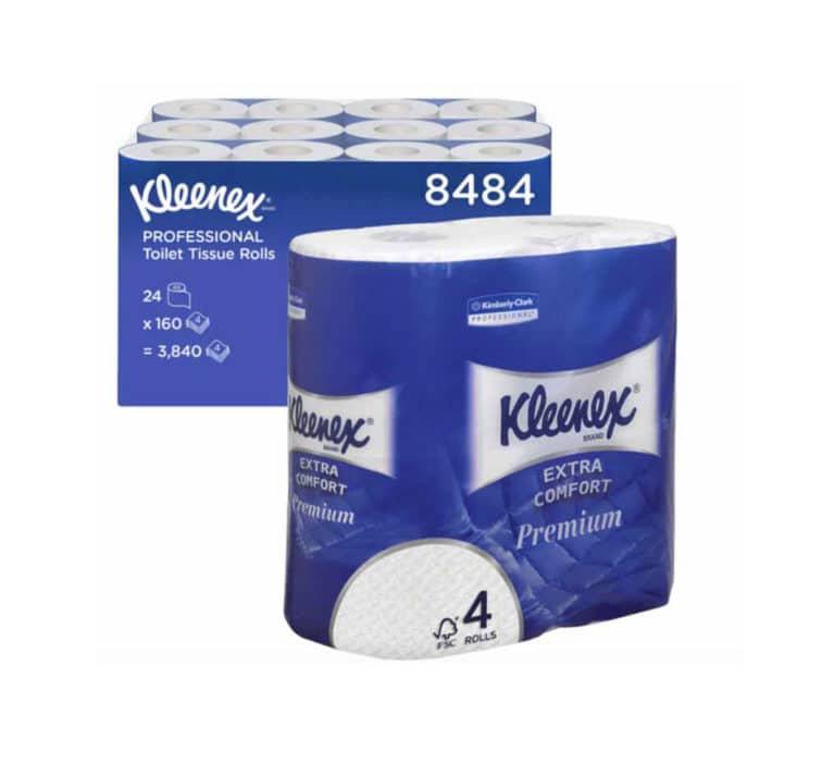 Papier toilette domestique 4 plis en emballage bleu est disponible en paquets de 24 ou 4 rouleaux, étiquetés "Extra Comfort Premium".