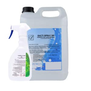 Un récipient de 5 litres et un flacon pulvérisateur, tous deux étiquetés "Bacti Spray SR", un produit désinfectant, présentés sur un fond blanc.