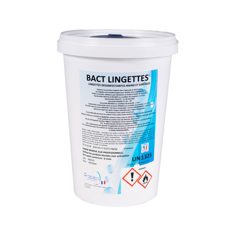 Un récipient en plastique blanc étiqueté "BACT LINGETTES PRODISCOL : Lingettes cotonnées Bactéricides, Levuricides et Virucides EN14476, EN1276, EN13697, EN1650 Sans Rinçage", contenant des lingettes désinfectantes pour les mains et les surfaces.