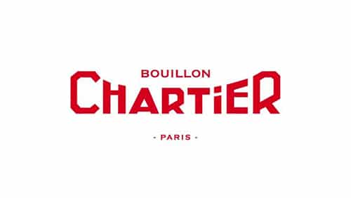 Le logo de Bouillon Chartier présente le nom en lettres géométriques rouges, en gras, avec "Bouillon" au-dessus et "Paris" en dessous, sur un fond blanc.