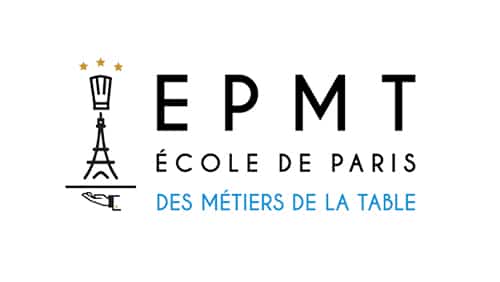 Logo de l'EPMT École de Paris des Métiers de la Table, représentant une tour Eiffel avec une toque, trois étoiles et un texte stylisé en noir et bleu.