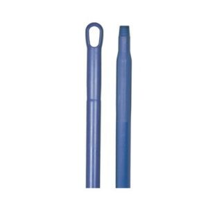 Deux manches de serpillière en plastique monobloc haute résistance Manche bleu sur fond blanc : l'un avec une boucle de suspension, l'autre avec une extrémité filetée pour la fixation de la tête de serpillière.