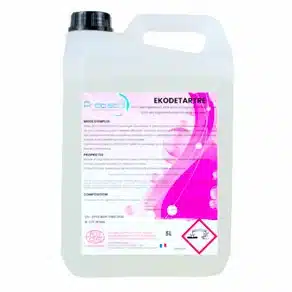 Un bidon en plastique de 5 litres d'EKODETARTRE, un écodétartrant certifié par ECOCERT pour les lave-vaisselle et les robinets, comportant des symboles de danger.