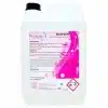 Récipient en plastique blanc de 5 litres avec bouchon noir, portant une étiquette rose et blanche "EKOFOUR : Ecodétergent certifié ECOCERT alcalin pour le nettoyage des graisses cuites" et un symbole de danger.