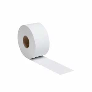 Un rouleau de Papier toilette Mini Jumbo 180 M pur ouate blanc Ecolabel 2 plis, partiellement déroulé et présenté sur un fond blanc uni.