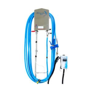 La Centrale de nettoyage inox 1 produit comprend une unité de commande en acier inoxydable, un tuyau bleu de 10 m avec poignée et un support, représentés sur fond blanc.