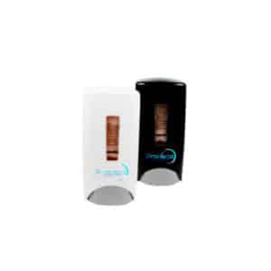 Deux Distributeur de savon à cartouche 1300 ml, l'un blanc, l'autre noir, sont présentés côte à côte, chacun doté d'une fenêtre transparente indiquant le niveau de savon à l'intérieur.