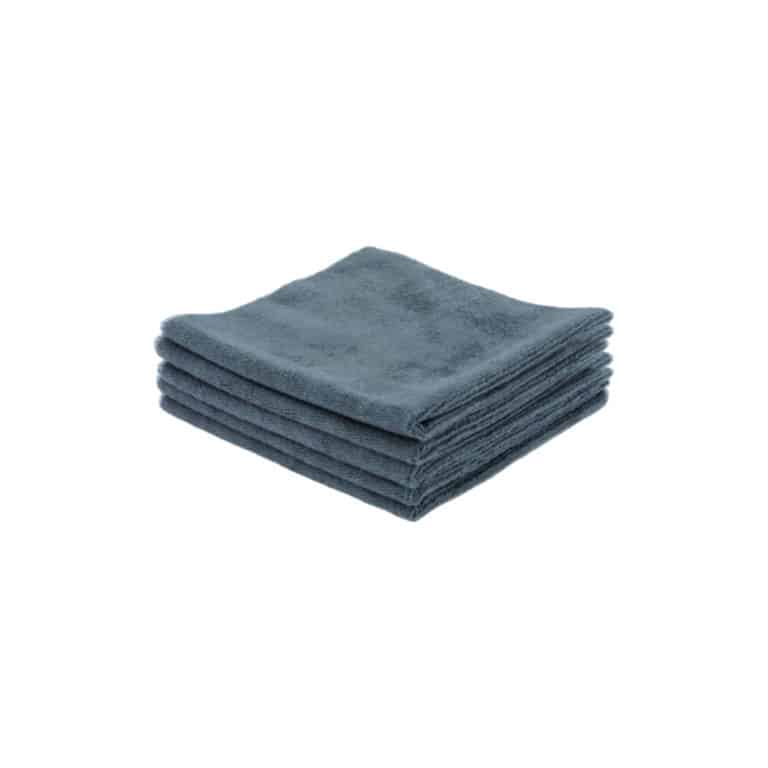 Une pile de cinq chiffons Lavette Microfibre Noire - Qualité PREMIUM pliés en gris foncé est représentée sur un fond blanc.