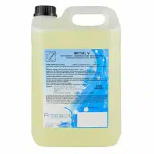 Un conteneur en plastique de 5 kg de MITTAL V : détergent désinfectant bactéricide, fongicide, virucide norme EN 14476, avec une étiquette bleue et blanche et un bouchon à vis noir.