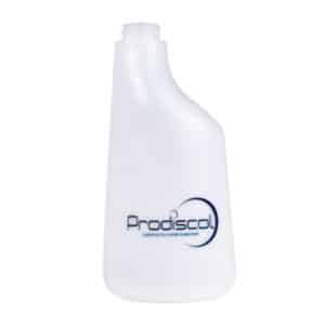 Un flacon pulvérisateur translucide de 600 ml avec une base large et un sommet étroit, sérigraphié "Bactispray" et "Prodiscol", est représenté sur un fond blanc uni.