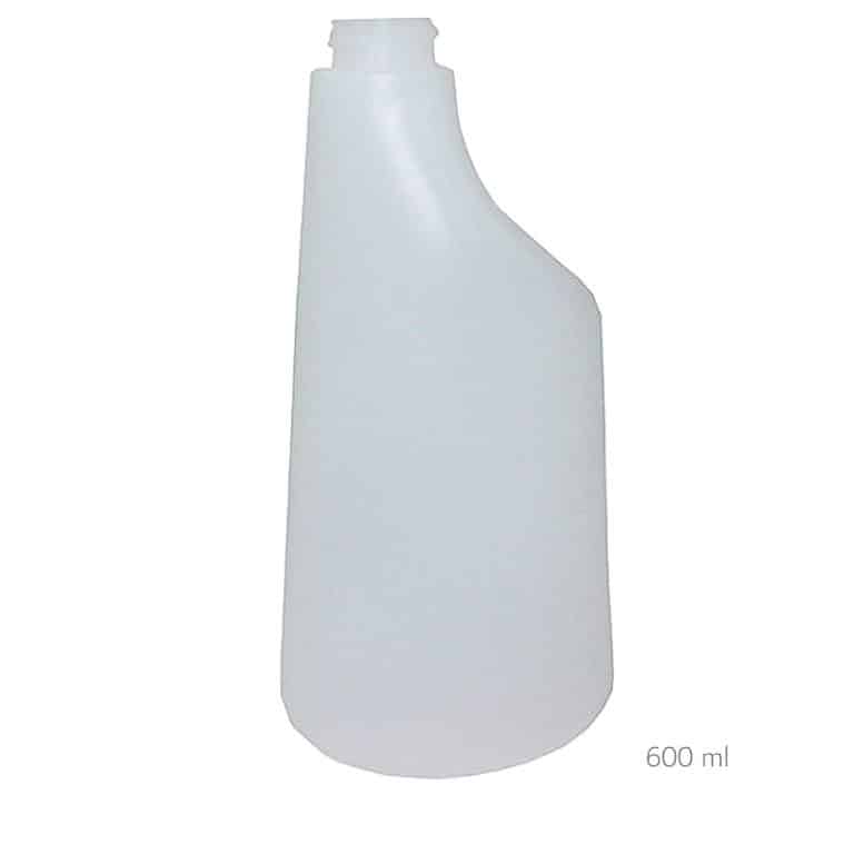 Le Flacon de pulvérisateur 600 ml translucide neutre Prodiscol est un flacon en plastique translucide avec un col étroit et angulaire et une capacité de 600 ml.