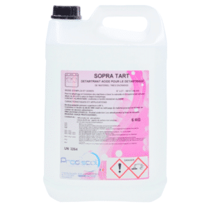 Un récipient en plastique blanc de 6 kg étiqueté "SOPRA TART : Détergent acide très concentré pour le détartrage du matériel professionnel", avec des avertissements de sécurité, utilisé pour enlever le calcaire.