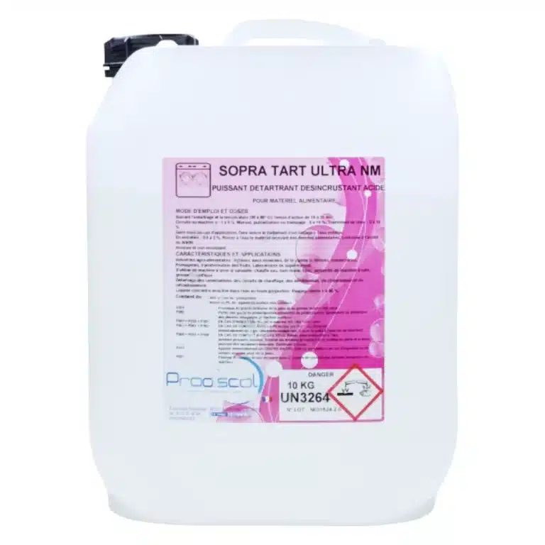Un conteneur blanc de 10 kg étiqueté "SOPRA TART ULTRA NM" avec des symboles de danger et des informations pour le nettoyage industriel ; il s'agit d'un détartrant acide non moussant pour l'équipement professionnel.