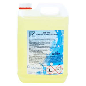 Un conteneur en plastique de 6 kg de LM 391 : Détergent dégraissant désinfectant blanchissant CHLORE auto-moussant, avec les instructions de sécurité et d'utilisation figurant sur l'étiquette.