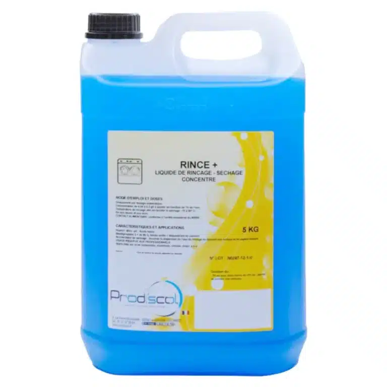 Un bidon de 5 kg de RINCE +, liquide de rinçage et de séchage concentré bleu, avec poignée et étiquette, pour lave-vaisselle.