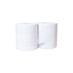 Deux rouleaux de Papier toilette Maxi Jumbo 350 m - pur ouate blanc Ecolabel 2 plis sont placés côte à côte sur un fond blanc uni.