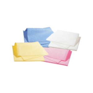 Quatre piles de chiffons de nettoyage Lavette non tissée ajourée PRODISCOL en bleu, blanc, jaune et rose sont disposées sur un fond blanc.