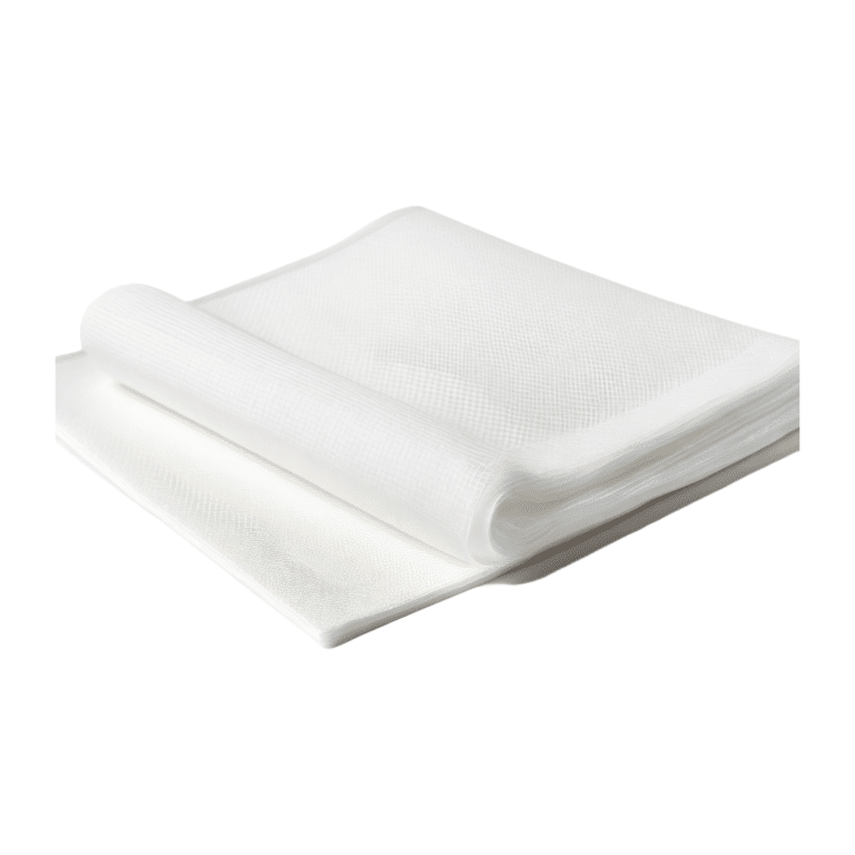 Une Lavette non tissée blanche Haut de gamme BIO pliée est placée sur une autre pièce plate du même matériau sur un fond blanc.