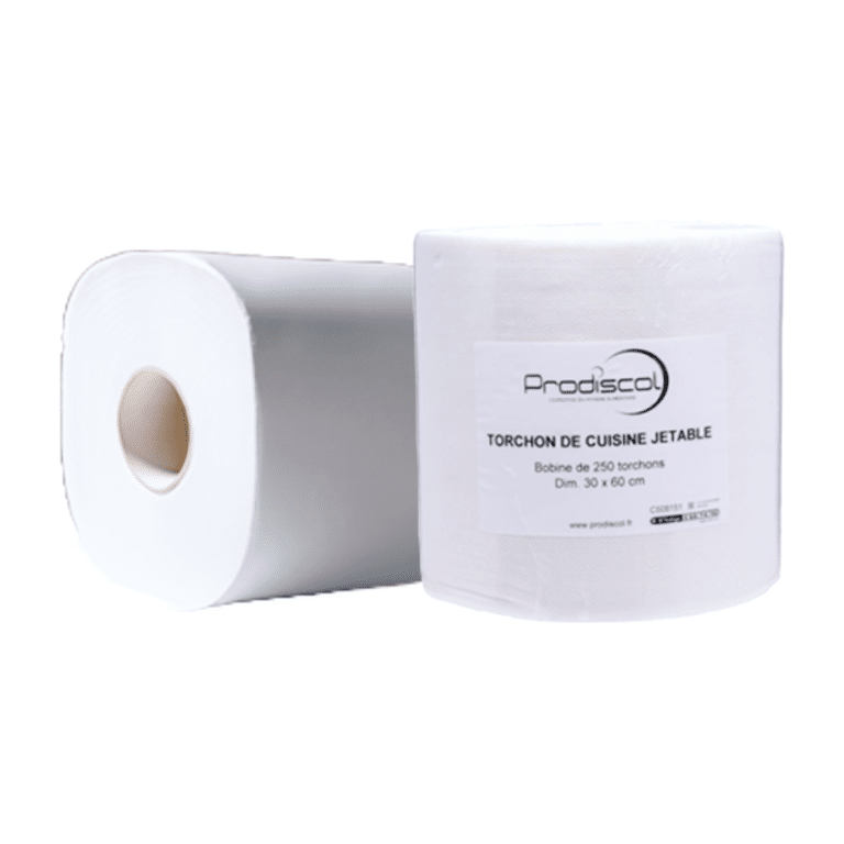 Deux rouleaux de "Bobine de torchons jetables blancs, ajourés - Dim. 30 x 60 cm - Résiste à la chaleur", l'un montrant le cœur ouvert et l'autre affichant son étiquette avec des informations sur le produit.