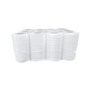 Un paquet de Bobines 200 F lisse à dévidage central Essuie-mains, 100% ouate Ecolabel, emballées dans un plastique transparent sur fond blanc.