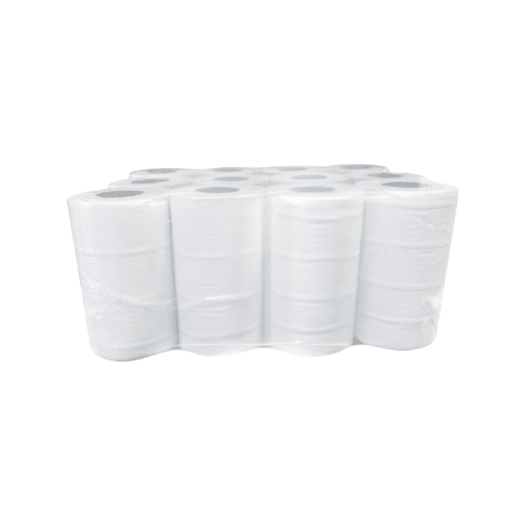 Un paquet de Bobines 200 F lisse à dévidage central Essuie-mains, 100% ouate Ecolabel, emballées dans un plastique transparent sur fond blanc.