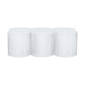 Trois grands rouleaux de Bobine Autocut Essuie-mains 2 pl.g/c 100% ouate - Ecolabel 150 m sont alignés côte à côte sur un fond blanc.