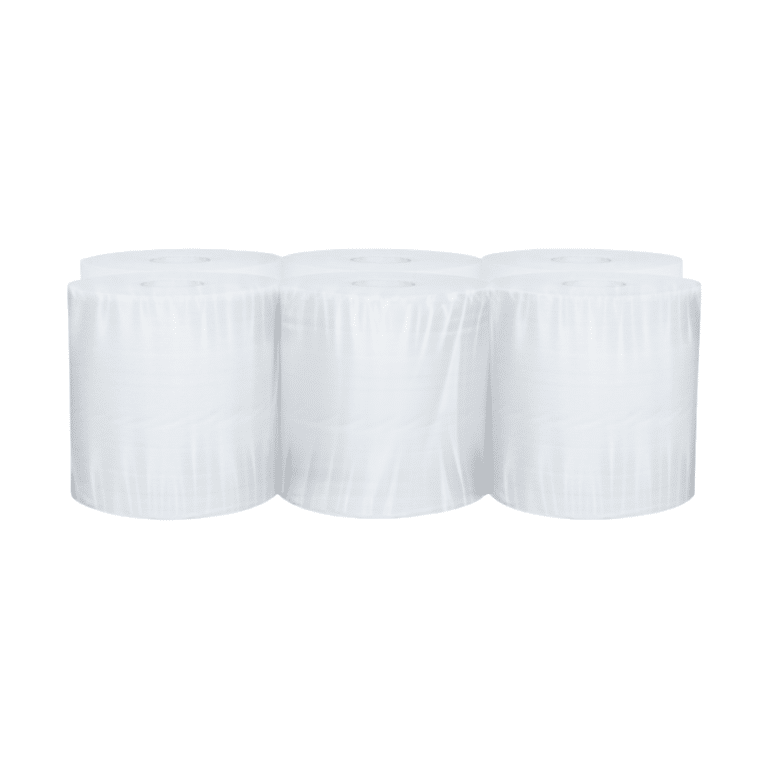 Trois grands rouleaux de Bobine Autocut Essuie-mains 2 pl.g/c 100% ouate - Ecolabel 150 m sont alignés côte à côte sur un fond blanc.