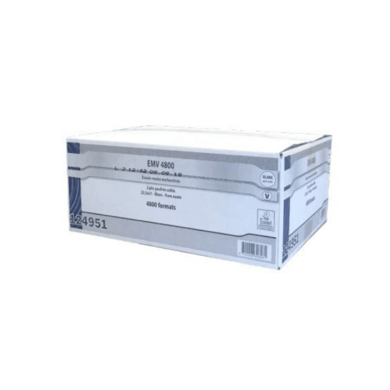 Une boîte rectangulaire blanche étiquetée "Papier rectangulaire 2 pl g/c pure ouate blanc Ecolabel - Dim 22,5 x 21 cm" avec des spécifications et un code-barres sur le côté.