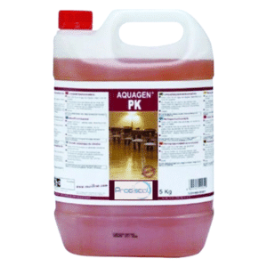 Un récipient en plastique de 5 kg d'Aquagen PK : Détergent pro spécial parquets, sols laminés - Protège et restaure l'éclat, avec un bouchon rouge et des instructions étiquetées sur le devant.