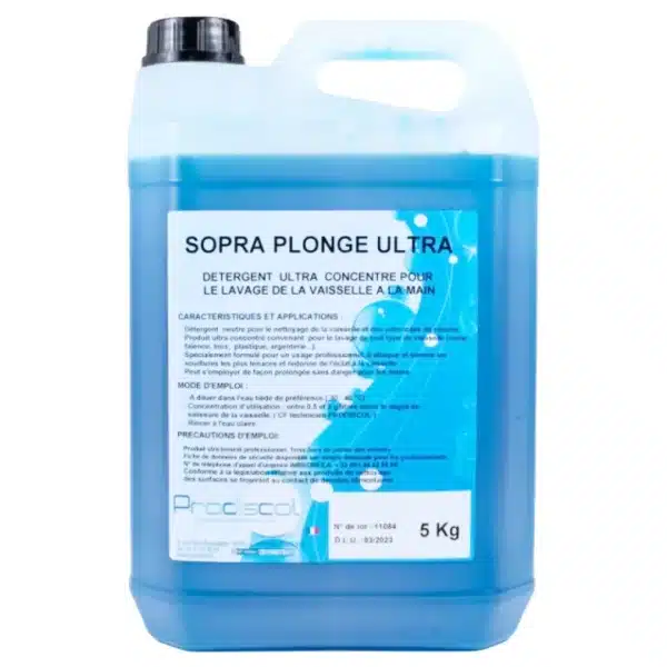 Un conteneur de 5 kg de SOPRA PLONGE ULTRA, un détergent bleu ultra-concentré de première qualité pour le lavage de la vaisselle à la main, avec un étiquetage français.