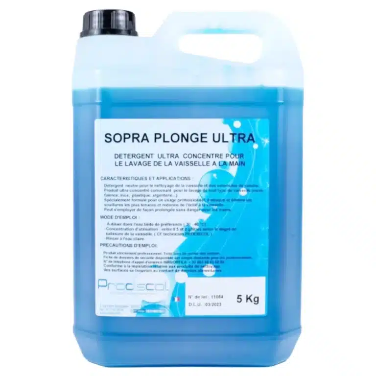 Un conteneur de 5 kg de SOPRA PLONGE ULTRA, un détergent bleu ultra-concentré de première qualité pour le lavage de la vaisselle à la main, avec un étiquetage français.
