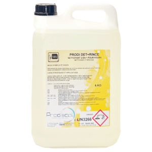 Un bidon de 6 kg de PRODIDET + RINCE, un détergent pour four 2 en 1 avec pompe doseuse intégrée, dont l'étiquette comporte des instructions d'utilisation et des symboles de sécurité.