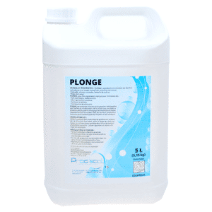 Un récipient en plastique blanc de 5 litres étiqueté "PLONGE" avec des graphiques bleus et blancs et des instructions d'utilisation en français sur le devant.