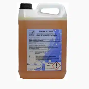 Un conteneur de 5 kg de SOPRA PLONGE, un détergent hautement concentré pour le lavage de la vaisselle à la main, porte une étiquette bleue et un symbole d'avertissement sur le devant.