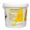 Bac en plastique blanc étiqueté "SOPRA RENOVE : Poudre de lavage et de rénovation ultra concentrée pour la vaisselle, batterie et verrerie", 5 kg de poudre avec des instructions en français et un motif jaune sur le devant.