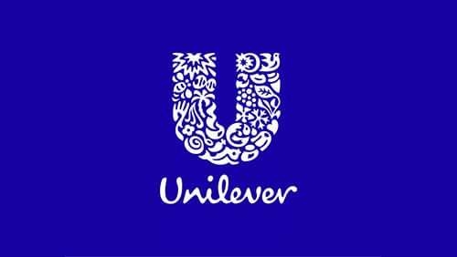 Logo Unilever blanc avec des icônes complexes formant la lettre "U" au-dessus du mot "Unilever" sur un fond bleu uni.