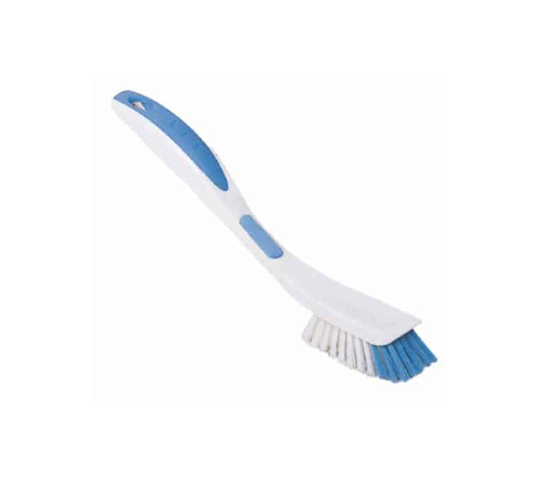 L'ergotouch de Brosse est une brosse de nettoyage à long manche avec un manche blanc et bleu et des poils angulaires bleus et blancs.