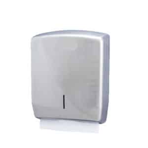 Un Distributeur de papier rectangulaire en INOX brossé est un distributeur d'essuie-tout en acier inoxydable monté au mur avec une feuille d'essuie-tout partiellement distribuée dans la partie inférieure.