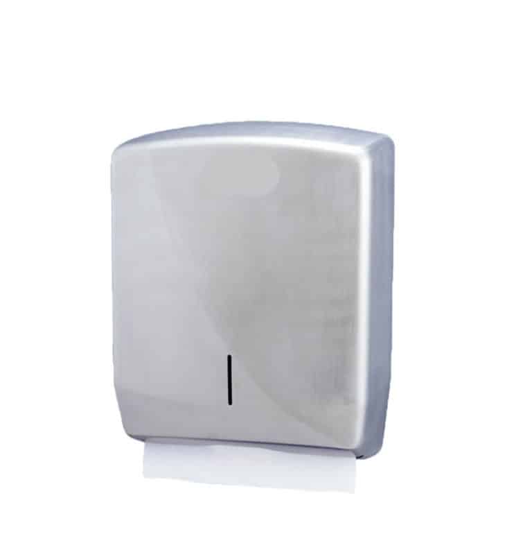 Un Distributeur de papier rectangulaire en INOX brossé est un distributeur d'essuie-tout en acier inoxydable monté au mur avec une feuille d'essuie-tout partiellement distribuée dans la partie inférieure.