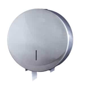 Le Distributeur de papier toilette Maxi Jumbo Inox brossé est un distributeur commercial en acier inoxydable doté d'une fenêtre de rouleau visible et d'une fente permettant de vérifier rapidement les niveaux de papier.