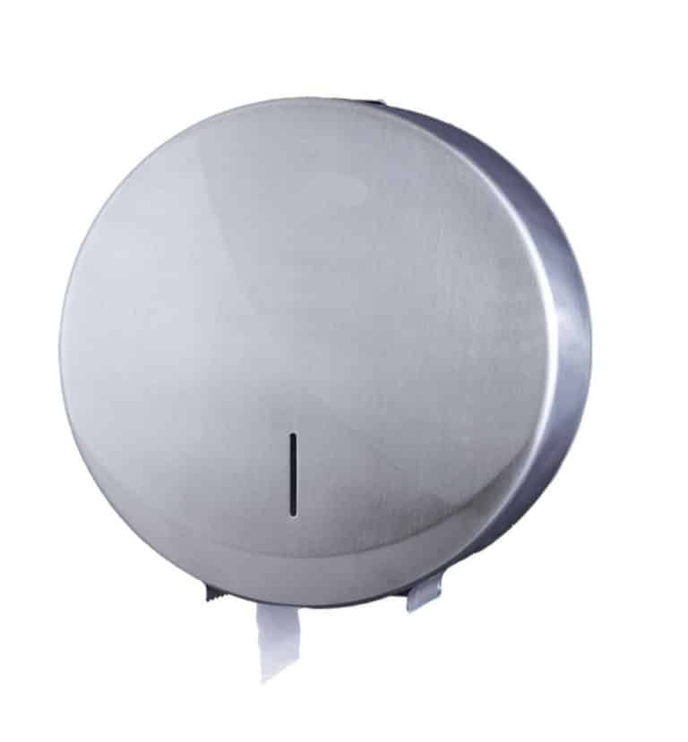 Le Distributeur de papier toilette Maxi Jumbo Inox brossé est un distributeur commercial en acier inoxydable doté d'une fenêtre de rouleau visible et d'une fente permettant de vérifier rapidement les niveaux de papier.