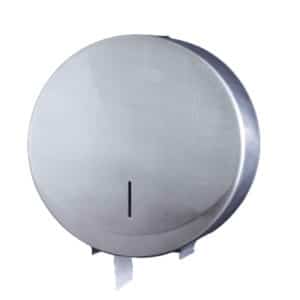 Le Distributeur de papier toilette Mini Jumbo, disponible en 3 couleurs, est un distributeur de papier toilette commercial en acier inoxydable avec des feuilles visibles suspendues à la base.