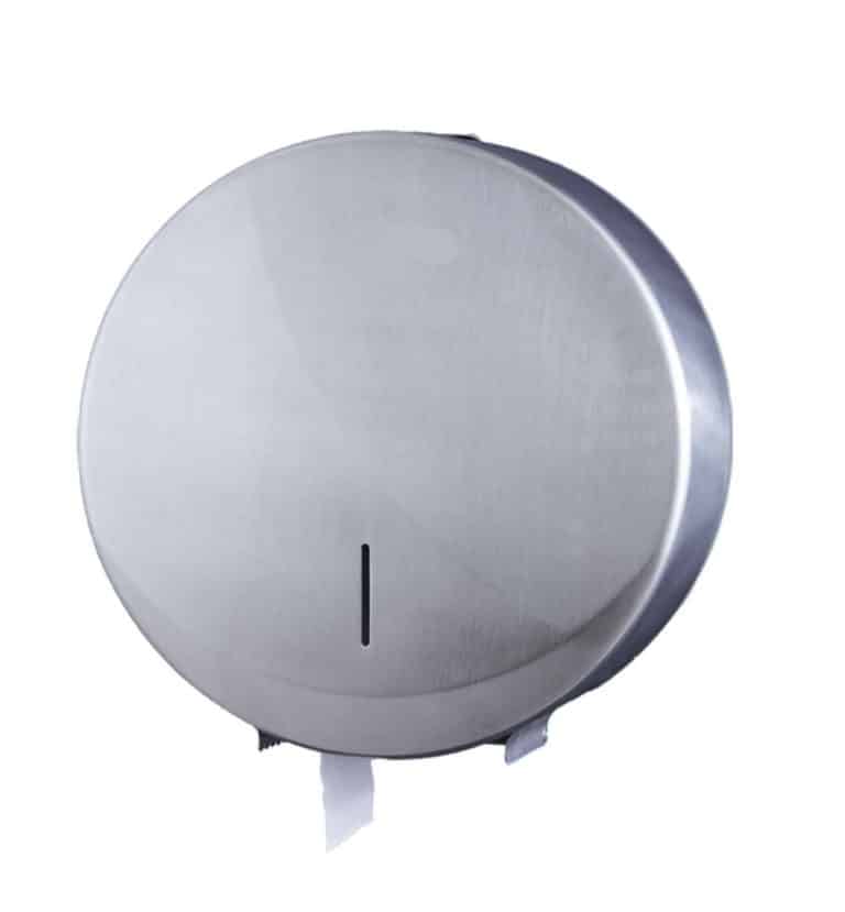 Le Distributeur de papier toilette Mini Jumbo, disponible en 3 couleurs, est un distributeur de papier toilette commercial en acier inoxydable avec des feuilles visibles suspendues à la base.