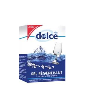 Une boîte de 2 kg de Sel granule extra pur pour lave-vaisselle pro, sel régénérant pour lave-vaisselle, avec un emballage représentant un verre à vin et une éclaboussure d'eau.