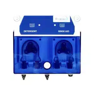 Le Doseur double - Ware dose 35 est un distributeur automatique mural avec deux compartiments étiquetés pour le détergent et le produit de rinçage, doté d'un couvercle bleu transparent.
